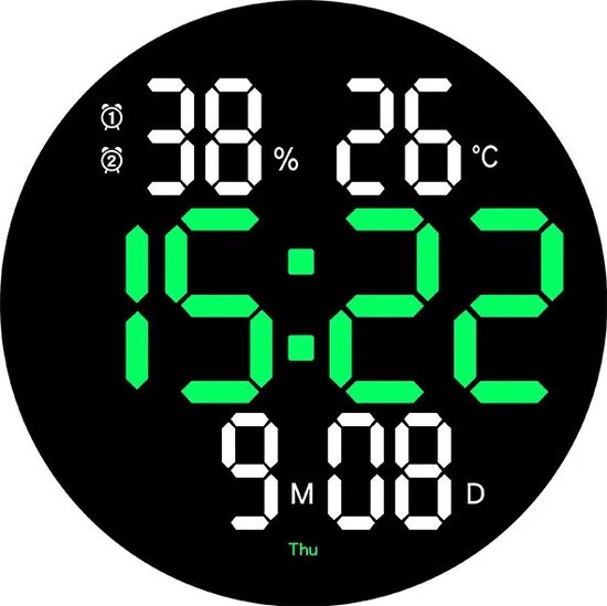 Maxenza Digitale Wandklok - Grote Wandklok LED - Cijferklok - Wandklok Thermometer Vochtigheidsmeter - 25,2 x 25,2 x 2,8 cm - Zwart