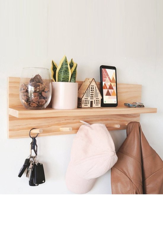 60 cm Decoratieve Kapstok - Houten Kapstok met Wandplank - Natuurlijk Massief Houten - 5 Haken