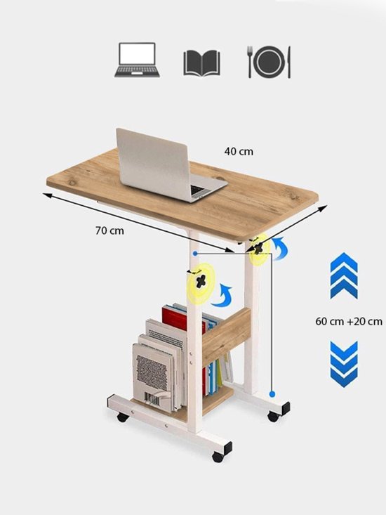 Ovale Rand - Laptopstandaard met Hoogteverstelling en Planken - Studiebureau - Witte Voet Tafeltje - Salontafels - Bedtafeltje met Wielen - Bijzettafel - Laptopstandaard - Plank Serveertafel - MDF Atlantische Pijnboom (met wielen) - 70 X 40 cm