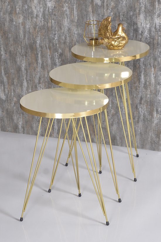 Nestly - Bijzettafel - Gouden Crème Patroon - Bijzettafels - Salontafelset - Set van 3 - Luxe Design - Bijzettafel - Salontafel in de woonkamer - 34X34 cm