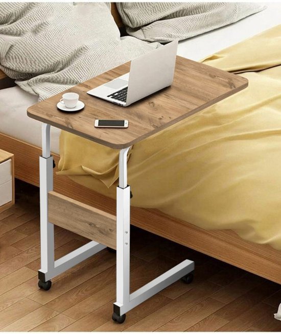 Bijzettafel - Tafeltje - Salontafels - Bedtafeltje met Wielen - Sidetable - Bijzettafels met Wielen - In Hoogte Verstelbare Laptopstandaard - Serveertafel - MDF Atlantisch Grenen (MET WIELEN) - Ovale Rand Witte Voet - 60x40 cm