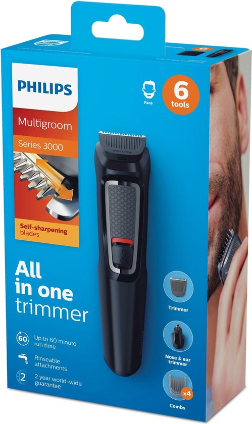 Philips MULTIGROOM Series 3000 6 hulpstukken, zelfslijpende stalen mesjes, 6-in-1, gezicht