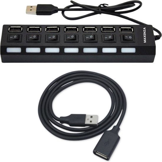 Maxenza USB Hub 2.0 - 7 USB Poorten - Kabel van 41 cm - AAN/UIT-schakelaar - Zwart - Extra verlengkabel 1,5 Meter met een Opbergzak