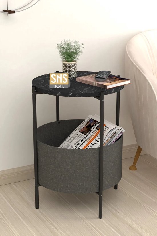 Bijzettafel - Salontafel - Salontafel met Grote Tas - Krantenhouder - Boekenplank - Bloempot - Bijzettafel met Opbergruimte - Zwart en Marmer