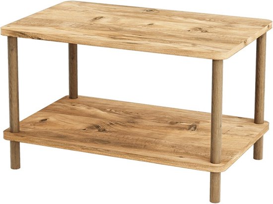 Rechthoekige Salontafel - Ovale Rand Bijzettafel - Salontafel met Houten Poten - Salontafel met Twee Niveaus - Salontafel met Krantenhouder - Atlantisch Grenen - 44 x 70 cm