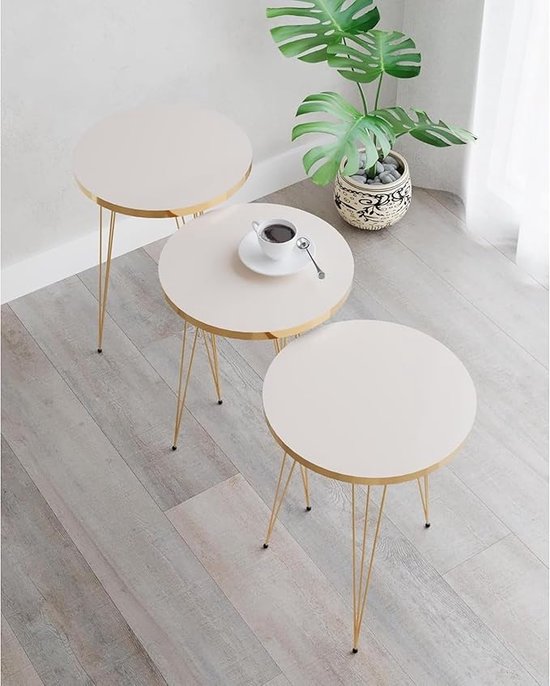 Bijzettafel, 3-delige set, salontafelset, goudlook, ronde tafel, moderne salontafel, woonkamer, elegante bijzettafel, kleine tafels, gouden meubels (crème)