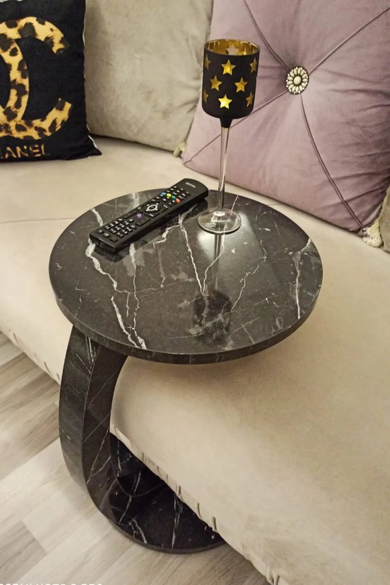 Bijzettafel - Bijzettafel met wielen - Bedtafeltje met Wielen - Tafeltje op Wieltjes - Ronde Bijzettafel - Zwart en Marmer