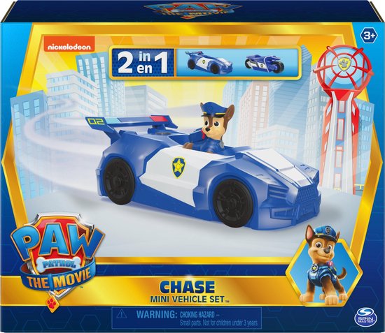 PAW Patrol De Film, Mini Chase voertuig, set met figuur en 2-in-1 politiewagen en motor