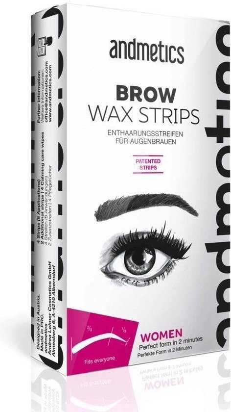 Andmetics Brow Wax Strips Women \u2013 Patented Eyebrow 16 Cold Wax and 4 Calming Care wipes