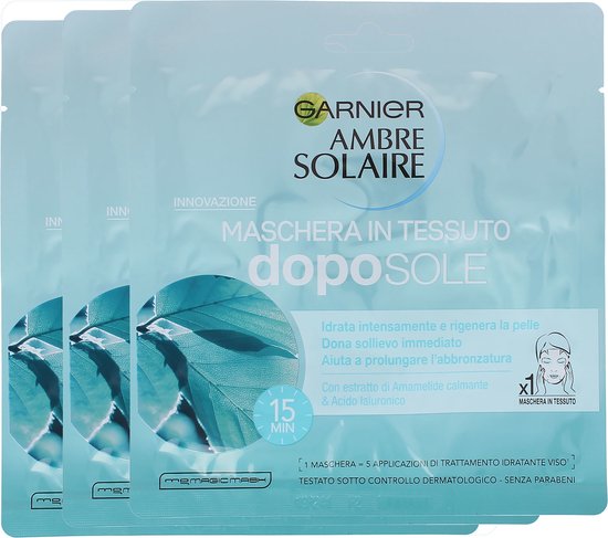 Garnier Ambre Solaire Mask Doposole in Fabric with Hyaluronic Acid, Moisturizes The Skin And Extension Tans, 3 Pieces
