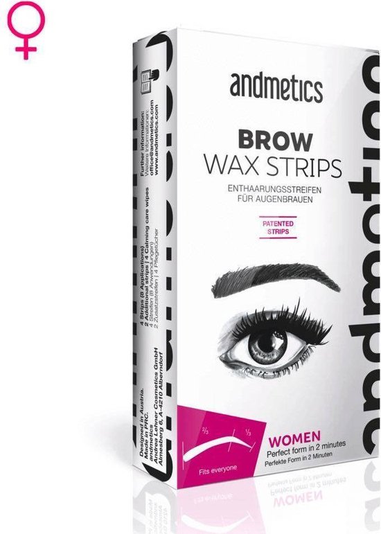 Andmetics Brow Wax Strips Women \u2013 Patented Eyebrow 16 Cold Wax and 4 Calming Care wipes