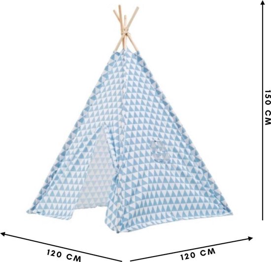Tipi Tent kinderen driehoek print - Blauw - Wigwam - Playfun - 120 x 120 x 150 cm