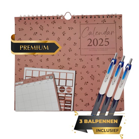 Maxenza Familieplanner 2025 - Familie planner 2025 - Familie Week Kalender 2025 – Wandkalender - Familie Planner - XXL Editie – 33 x 30 cm – Hangbaar – Inclusief 3 Balpennen – FSC®-gecertificeerd Papier - Roze