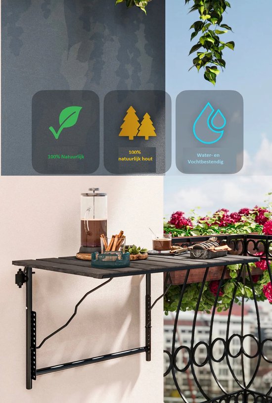 Verstelbare Hoogte Klaptafel - Balkon Tuin Tafel - Keukentafel - Opklapbare Wandtafel - Picknick Kamp Tafel - Decoratieve Stijlvolle Verstelbare Tafel - 40x60 cm - Natuurlijk Hout Antraciet