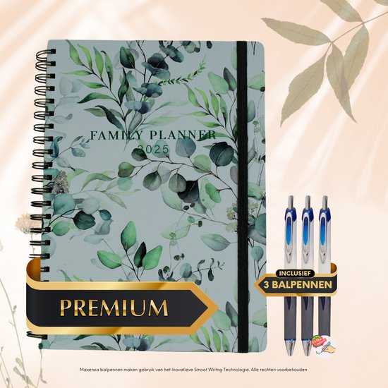 Maxenza Familieplanner 2025 – Planner 2025 – 30 x 22 cm – Inclusief 3 Balpennen – FSC®-gecertificeerd Papier