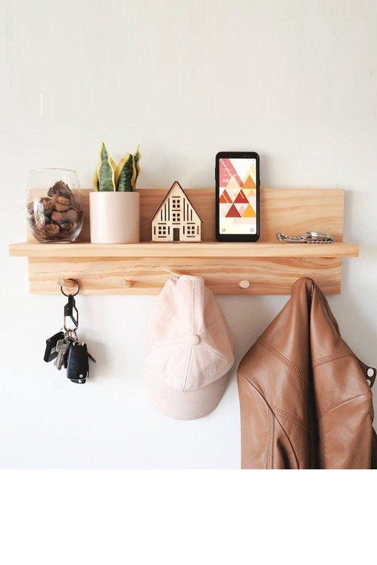 50 cm Decoratieve Kapstok - Houten Kapstok met Wandplank - Natuurlijk Massief Houten - 5 Haken