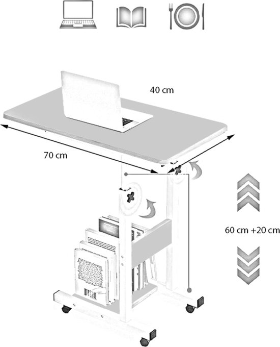 Ovale Rand - Laptopstandaard met Hoogteverstelling en Planken - Studiebureau - Tafeltje - Salontafels - Bedtafeltje met Wielen - Bijzettafel - Laptopstandaard - Plank Serveertafel - MDF Antraciet (met wielen) - 70 X 40 cm