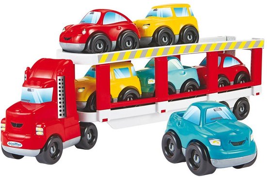 Ecoiffier 3289 Transport Porte Camion Abrick Truck Includes Six Toy Cars with Folding Ramp for Loading Ages 18 Months and Up, Multicoloured