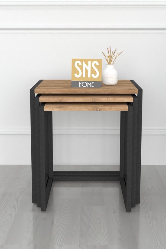 Set van 3 Houten en Metalen Bijzettafels - Perfect voor Moderne Elegantie en Functionaliteit - Salontafel - Bijzettafel - Pijnboom