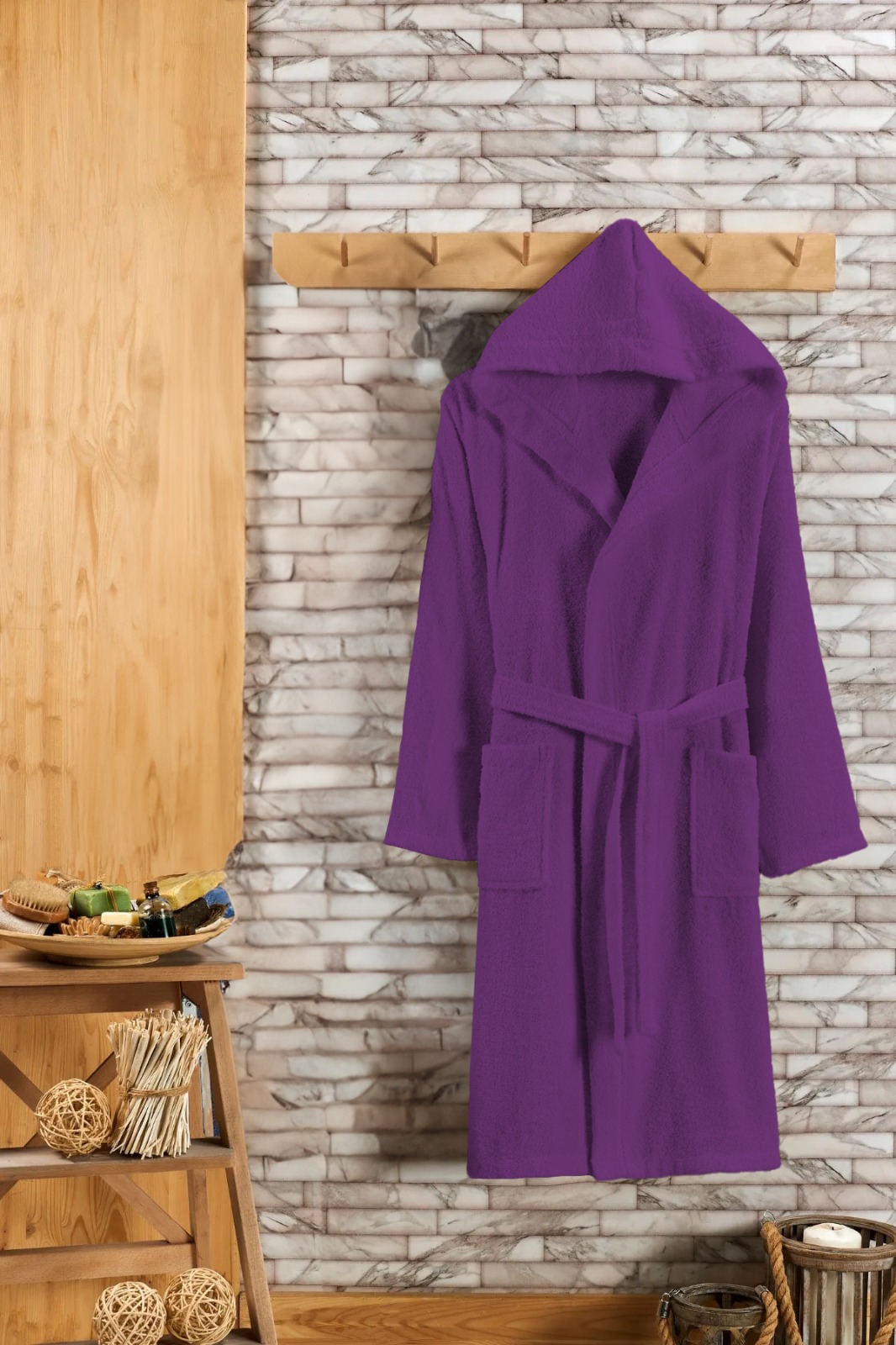 Badjas met Capuchon - Luxe Badjas Dames & Heren Capuchon - Sauna badjas - Ochtendjas dames & heren - Paars/Purper - Badstof - Wellness badjas - Valt L