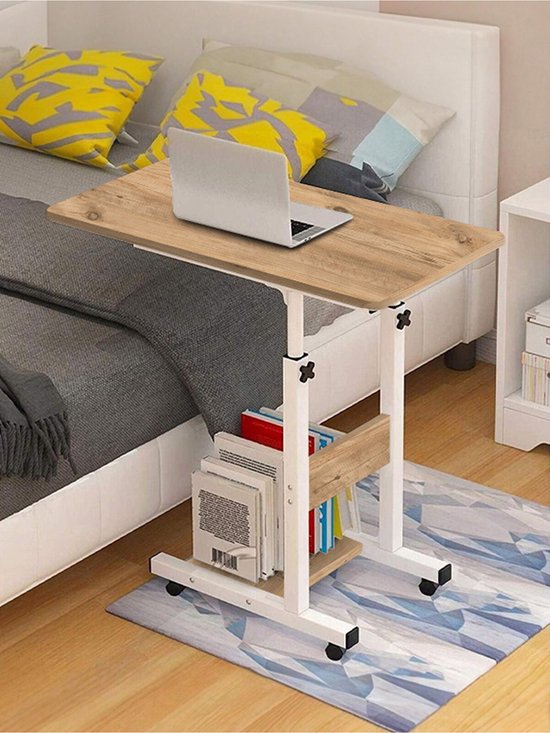 Ovale Rand - Laptopstandaard met Hoogteverstelling en Planken - Studiebureau - Witte Voet Tafeltje - Salontafels - Bedtafeltje met Wielen - Bijzettafel - Laptopstandaard - Plank Serveertafel - MDF Atlantische Pijnboom (met wielen) - 70 X 40 cm