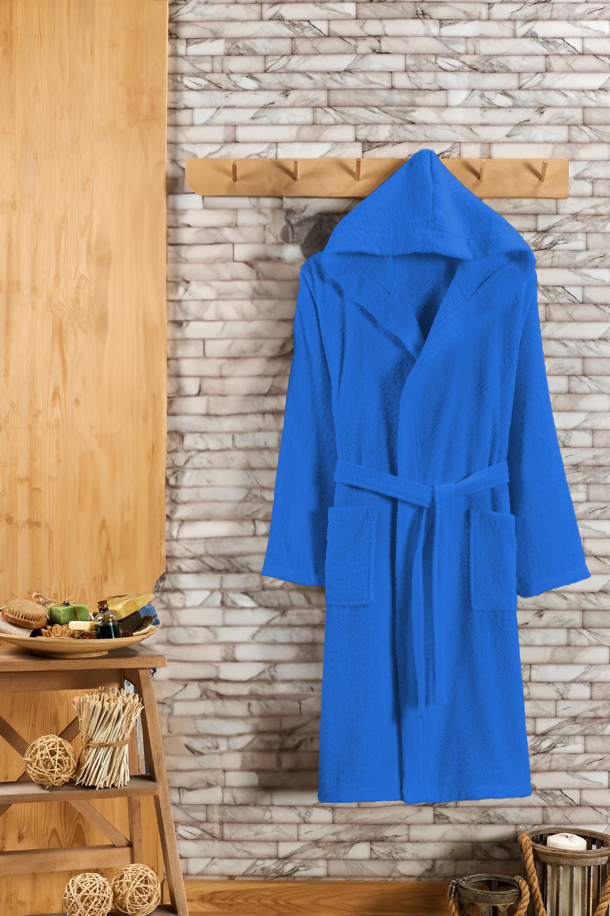 Badjas met Capuchon - Valt M - Luxe Badjas Dames & Heren Capuchon - Sauna badjas - Ochtendjas dames & heren - Blauw - Badstof - Wellness badjas