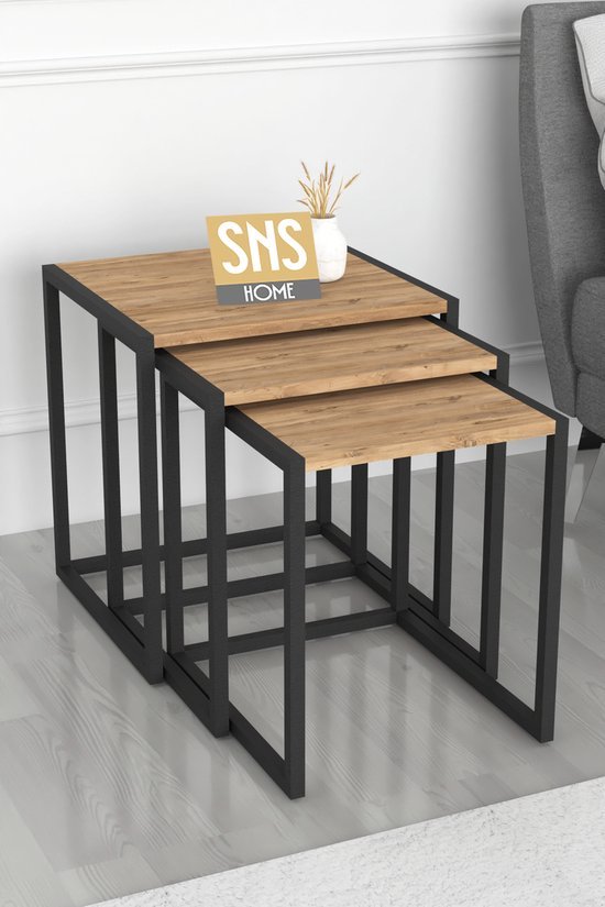 Set van 3 Houten en Metalen Bijzettafels - Perfect voor Moderne Elegantie en Functionaliteit - Salontafel - Bijzettafel - Pijnboom