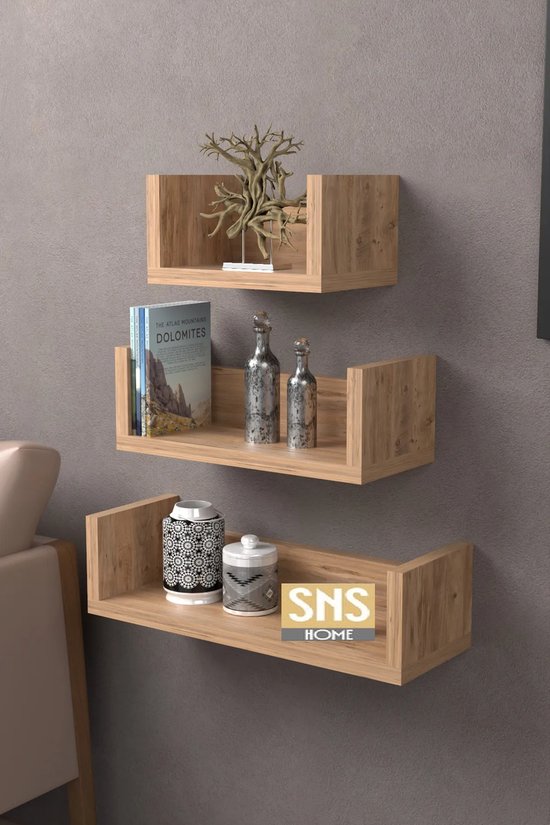 Wandplank, Decoratieve U-plank, Wandplank in U-vorm, Set van 3, Zwevende Plank in Vintage Stijl, Wandmontage, Voor Decoratie, Woonkamer, Slaapkamer en Kantoor, Okkernoot
