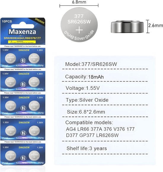 Maxenza sr626sw -sr626sw horloge batterij - AG4 - 377 - 1.55V - 50 Batterijen