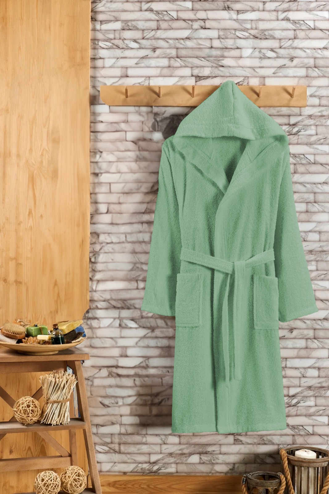 Badjas met Capuchon - Valt L - Luxe Badjas Dames & Heren Capuchon - Sauna badjas - Ochtendjas dames & heren - Groen - Badstof - Wellness badjas