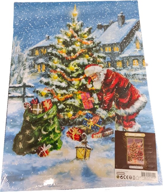 Canvas op houten frame - Kerstman Kerstboom - schilderij - Doek - Board - Met Led Verlichting - 28 x 38 cm