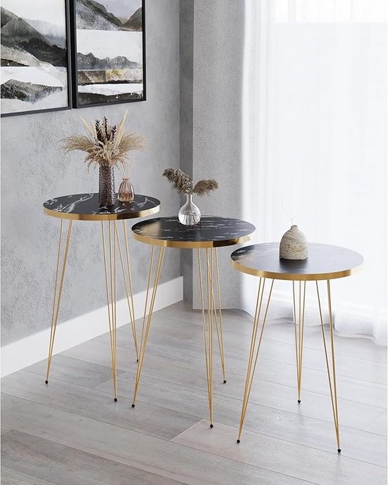 Bijzettafel, 3-delige set, Salontafelset, Goudlook, Ronde tafel, Moderne Salontafel, Woonkamer, Elegante Bijzettafel, Kleine Tafels, Gouden Meubels (zwart)