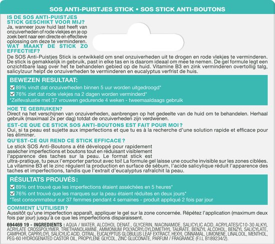 Garnier Skinactive Face SOS Anti-Puistjes Stick - 10 ml - Tegen puistjes, onzuiverheden en rode vlekjes
