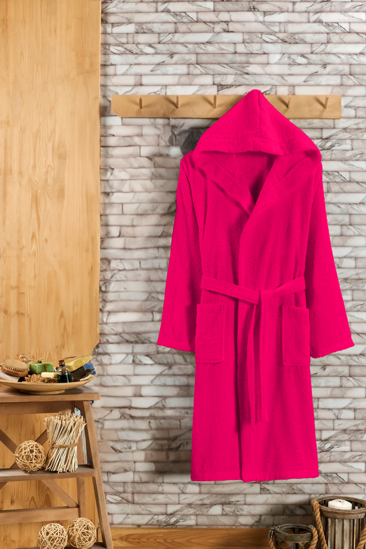 Badjas met Capuchon - Luxe Badjas Dames & Heren Capuchon - Sauna badjas - Ochtendjas dames & heren - Fushia - Badstof - Wellness badjas - Valt M