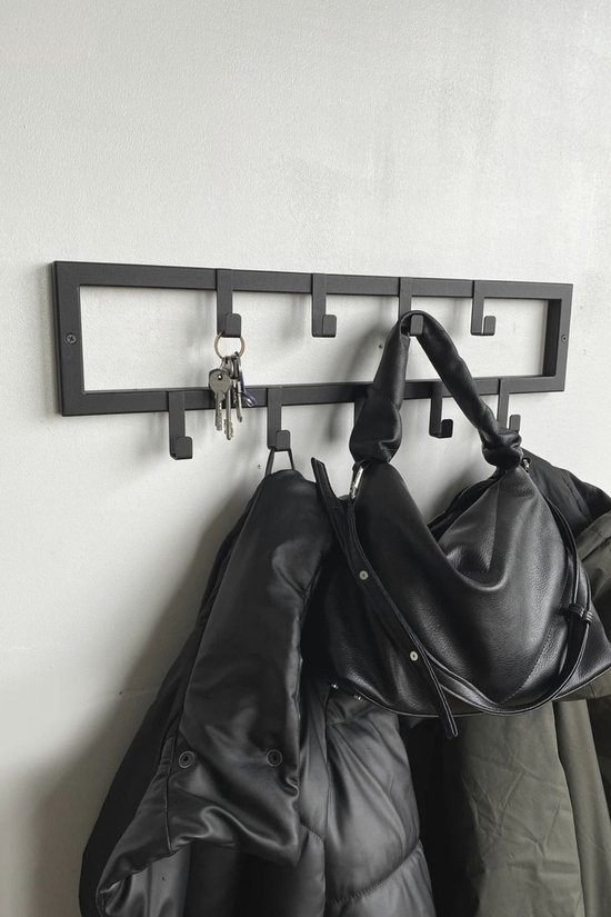 9 Haaks Wandkapstok – 60cm - Muur / Wand Kapstok - Hangende Design Muurkapstok - Handdoekrek - RVS - Mat Zwart