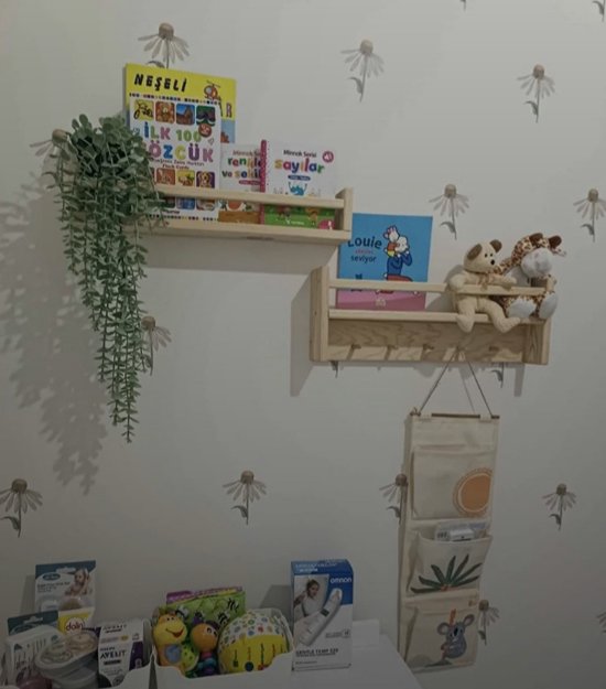 Natuurlijk Houten Montessori Hangerrek - Kinderbabykamerhanger - Wandplank Zijkant Open en Enkele Plank - Hangerrek met 2 Planken - 50 cm - 5 Haken
