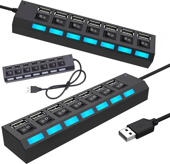 USB splitter - USB Hub 2.0 - 7 USB poorten - Kabel van 41 cm - Zwart - AAN/UIT-schakelaar