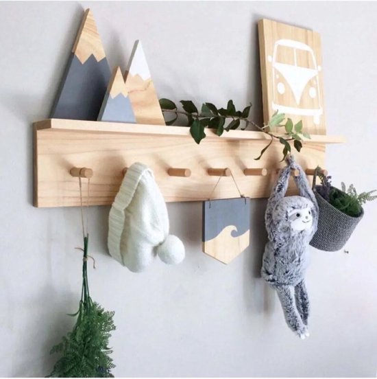 Natuurlijk massief - Houten Montessori Hangerrek - Wandhanger met Houten Planken - Kinderkamer Planken - 7 Haken - 70x10x14 cm