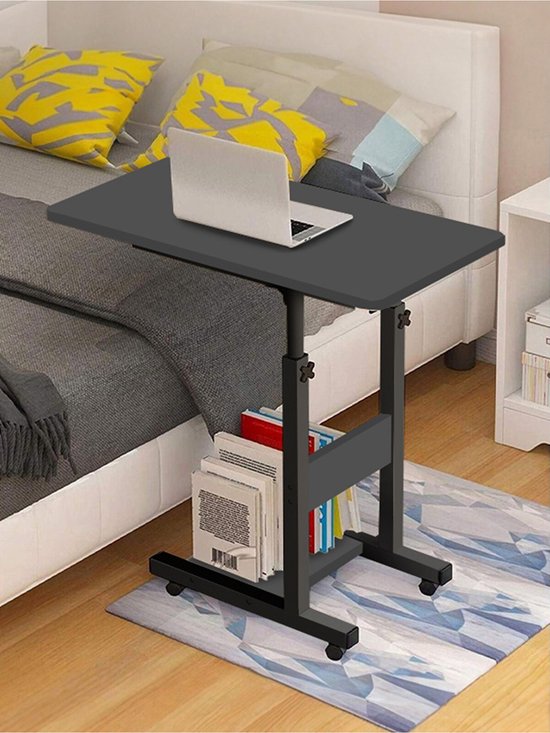 Ovale Rand - Laptopstandaard met Hoogteverstelling en Planken - Studiebureau - Tafeltje - Salontafels - Bedtafeltje met Wielen - Bijzettafel - Laptopstandaard - Plank Serveertafel - MDF Antraciet (met wielen) - 70 X 40 cm