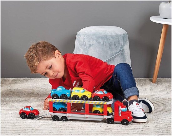 Ecoiffier 3289 Transport Porte Camion Abrick Truck Includes Six Toy Cars with Folding Ramp for Loading Ages 18 Months and Up, Multicoloured