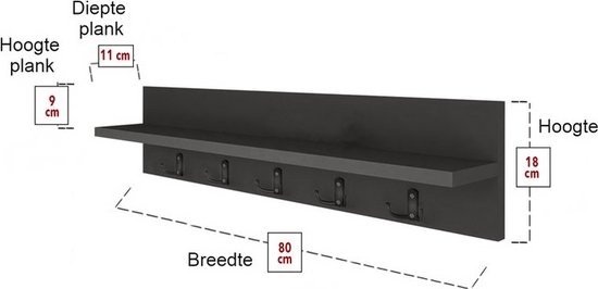 Nestly - Wandkapstok Antraciet Grijs – Wandplank - Kapstok - 80 cm - 10 Haken