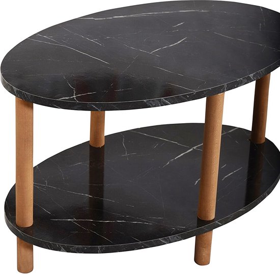 Ovaal Salontafel - Ovale Rand Bijzettafel - Salontafel met Houten Poten - Salontafel met Twee Niveaus - Salontafel met Krantenhouder - Zwart en Marmer - 44 x 70 cm