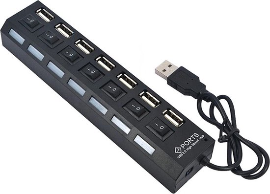 USB splitter - USB Hub 2.0 - 7 USB poorten - Kabel van 41 cm - Zwart - AAN/UIT-schakelaar