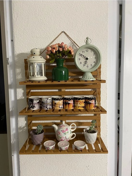 Rekken met drie planken van touw - Super Wandrek - Handdoekenrek - Bloemenstandaard - 3 Wandplanken - Decoratieve Wandplank van Natuurlijk Hout met Touw - 62x17cm
