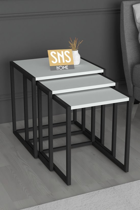 Set van 3 Houten en Metalen Bijzettafels - Perfect voor Moderne Elegantie en Functionaliteit - Salontafel - Bijzettafel - Wit