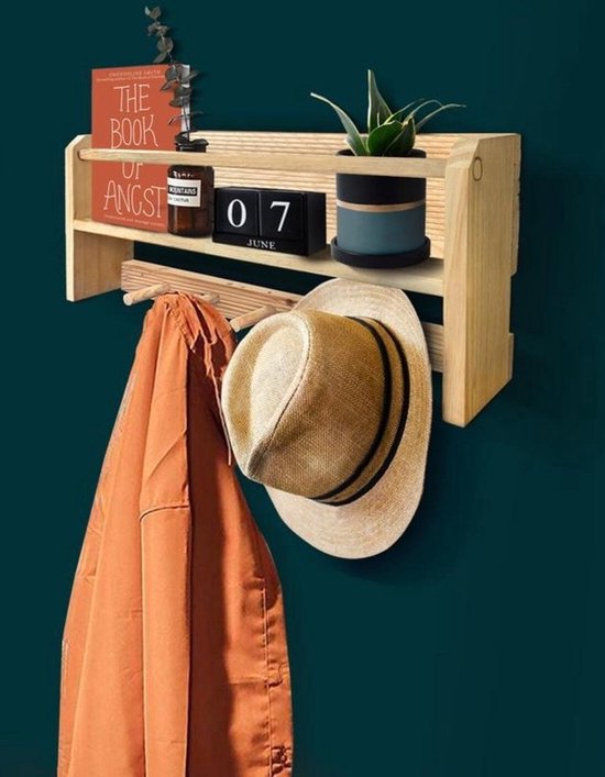 Montessori Kinderkamer - Babykamer Boekenplank - Kleerhanger - Wandhanger met Houten Planken - Multifunctionele Wandplank - 5 Haken - 10x50x20cm