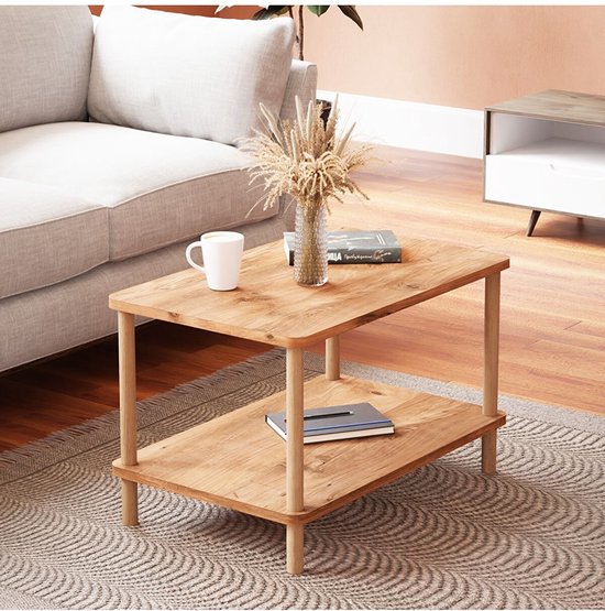 Rechthoekige Salontafel - Ovale Rand Bijzettafel - Salontafel met Houten Poten - Salontafel met Twee Niveaus - Salontafel met Krantenhouder - Atlantisch Grenen - 44 x 70 cm