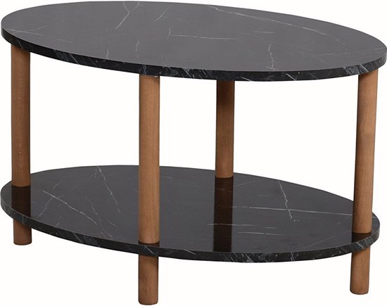 Ovaal Salontafel - Ovale Rand Bijzettafel - Salontafel met Houten Poten - Salontafel met Twee Niveaus - Salontafel met Krantenhouder - Zwart en Marmer - 44 x 70 cm