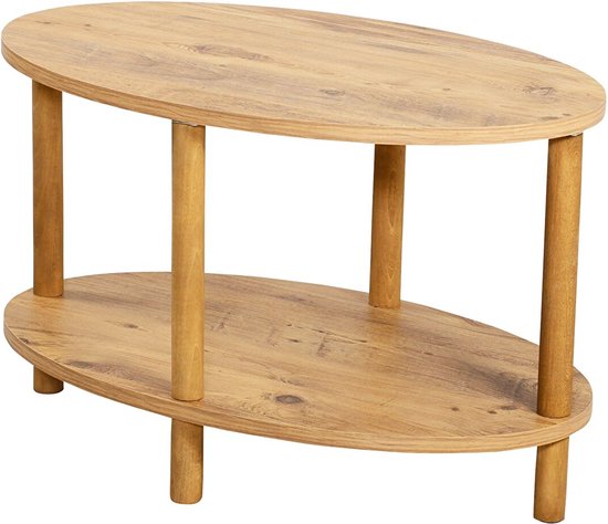 Ovaal Salontafel - Ovale Rand Bijzettafel - Salontafel met Houten Poten - Salontafel met Twee Niveaus - Salontafel met Krantenhouder - Atlantisch Grenen - 44 x 70 cm