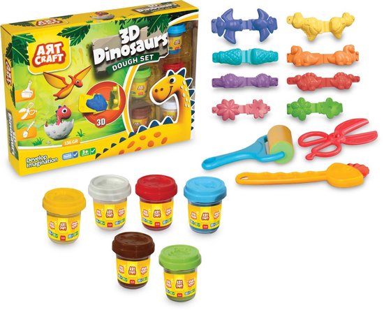 DEDE Art Craft- XXL 3D Dinosaurus Klei Set - Speelgoed Klei - Klei Speelset- 6 x 56 gr Klei Potjes